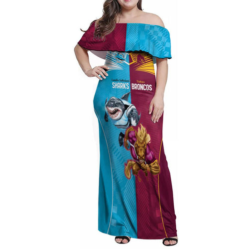 Custom Broncos and Sharks Family Matching Off Shoulder Maxi Dress and Hawaiian Shirt Sporty Style