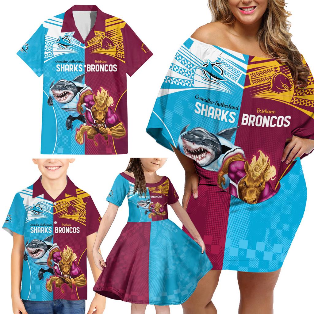 Custom Broncos and Sharks Family Matching Off Shoulder Short Dress and Hawaiian Shirt Sporty Style