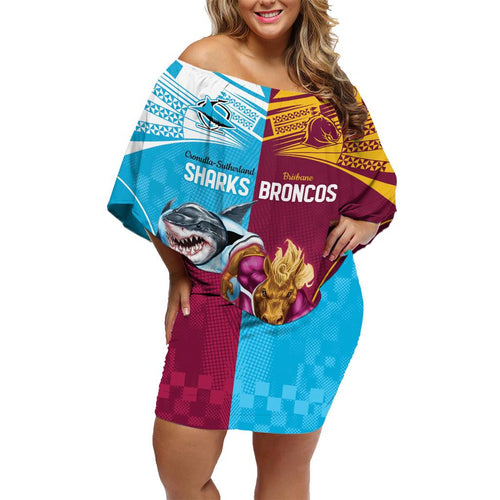 Custom Broncos and Sharks Family Matching Off Shoulder Short Dress and Hawaiian Shirt Sporty Style