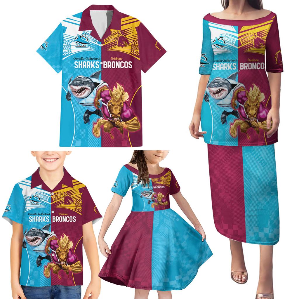 Custom Broncos and Sharks Family Matching Puletasi and Hawaiian Shirt Sporty Style