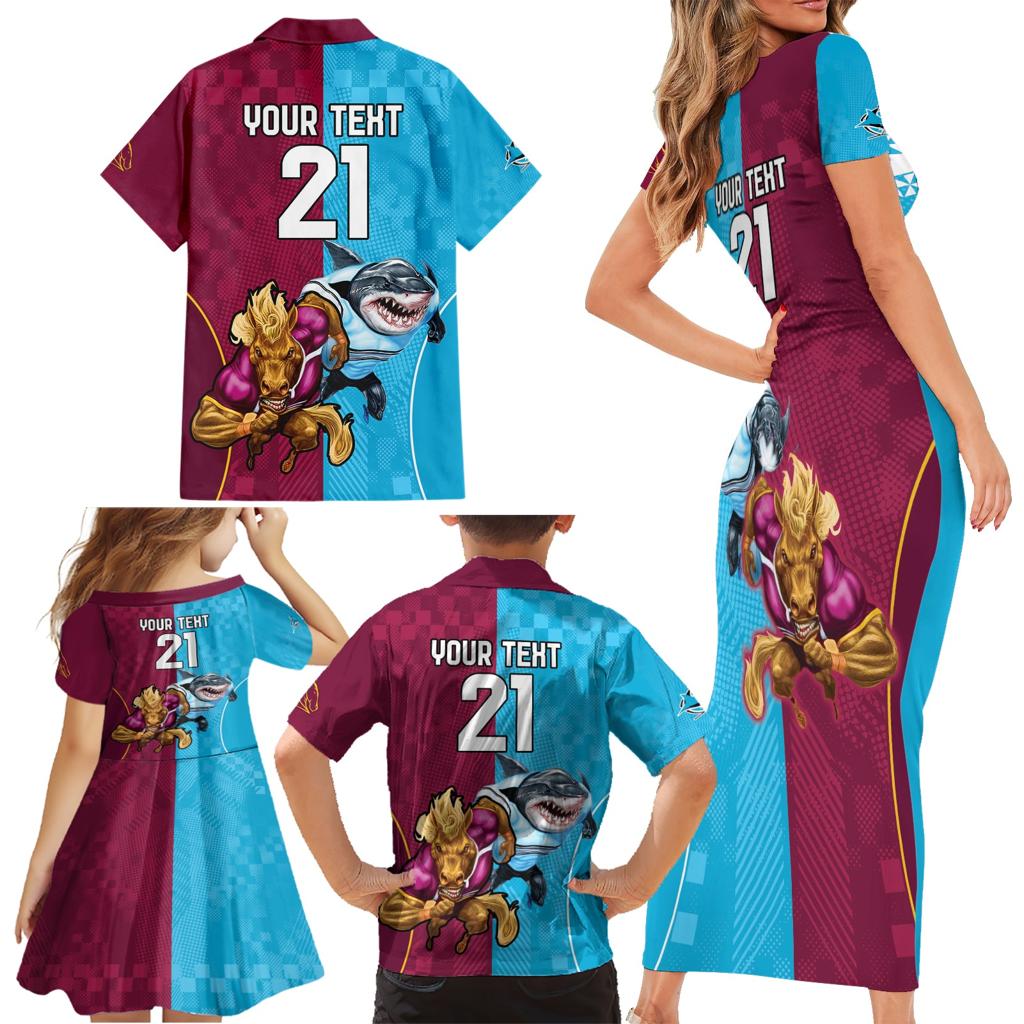 Custom Broncos and Sharks Family Matching Short Sleeve Bodycon Dress and Hawaiian Shirt Sporty Style
