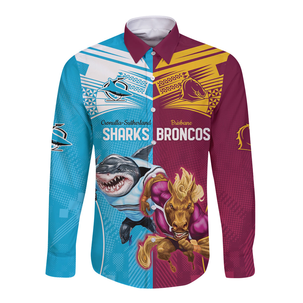 Custom Broncos and Sharks Long Sleeve Button Shirt Sporty Style