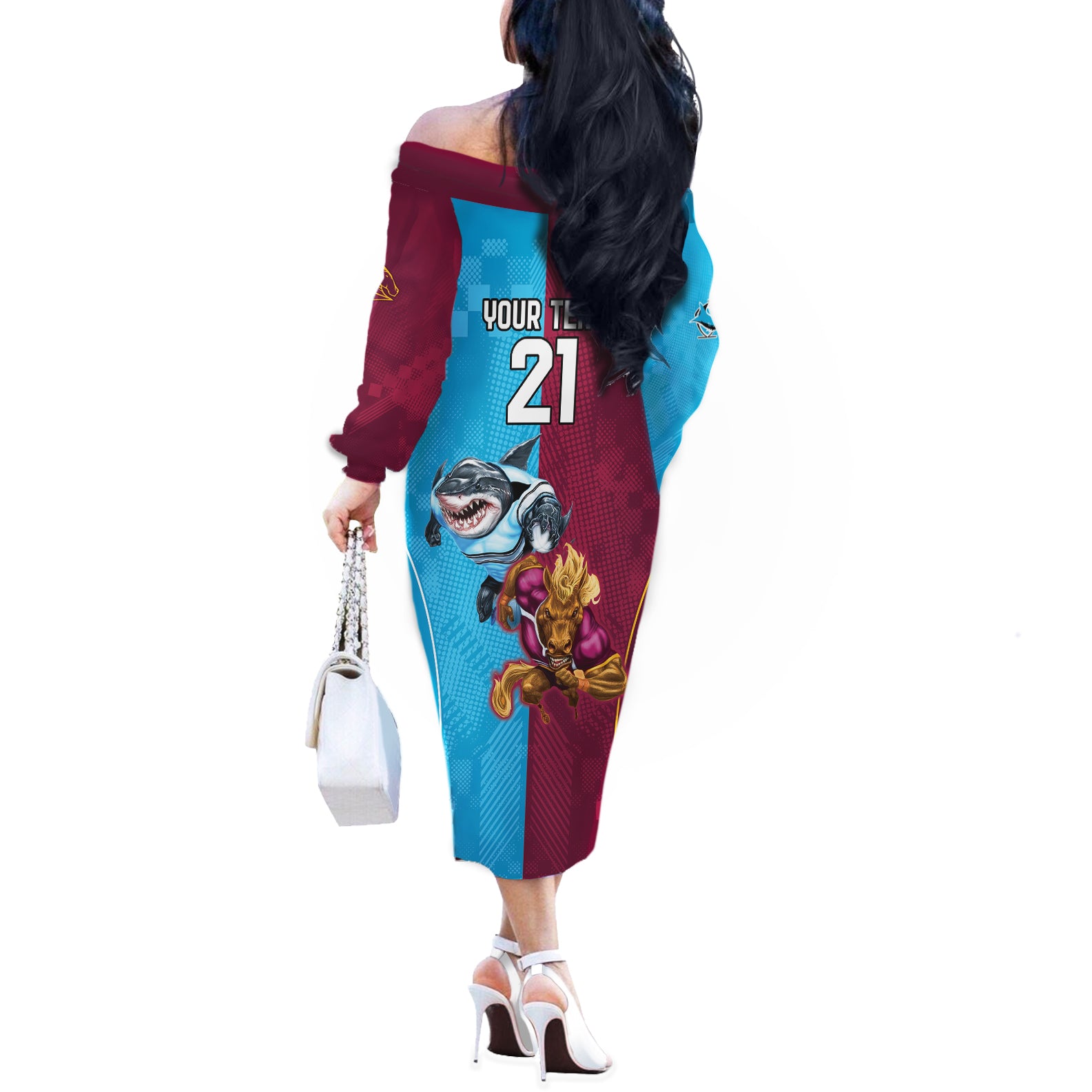 Custom Broncos and Sharks Off The Shoulder Long Sleeve Dress Sporty Style