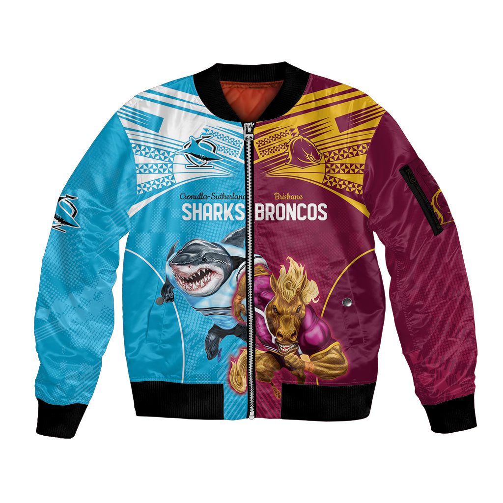 Custom Broncos and Sharks Sleeve Zip Bomber Jacket Sporty Style