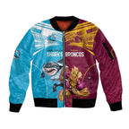 Custom Broncos and Sharks Sleeve Zip Bomber Jacket Sporty Style