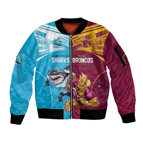 Custom Broncos and Sharks Sleeve Zip Bomber Jacket Sporty Style