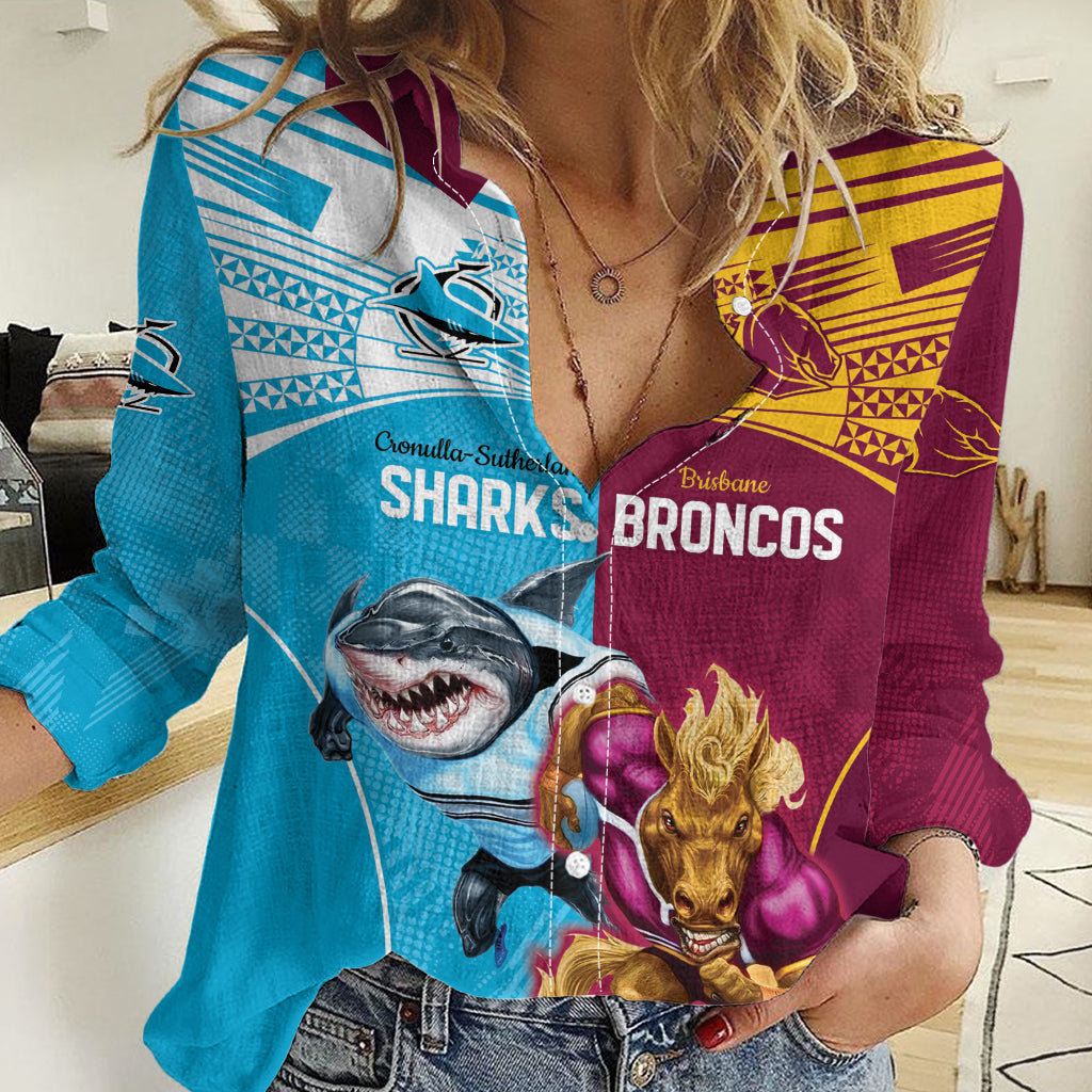 Custom Broncos and Sharks Women Casual Shirt Sporty Style