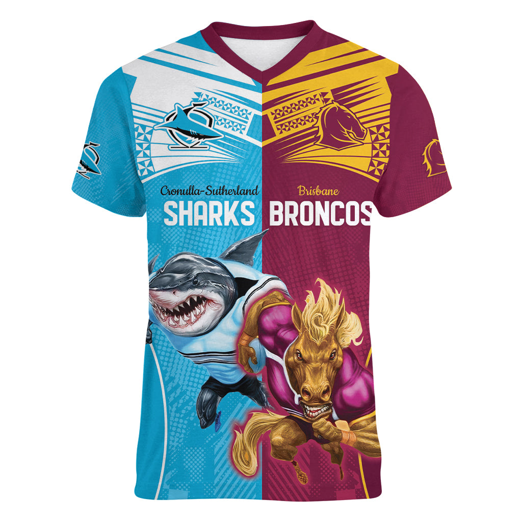 Custom Broncos and Sharks Women V-Neck T-Shirt Sporty Style