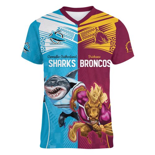 Custom Broncos and Sharks Women V-Neck T-Shirt Sporty Style