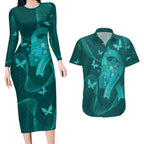 Australia Tourettes Awareness Personalised Couples Matching Long Sleeve Bodycon Dress and Hawaiian Shirt Butterfly Ribbon Art