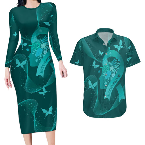 Australia Tourettes Awareness Personalised Couples Matching Long Sleeve Bodycon Dress and Hawaiian Shirt Butterfly Ribbon Art