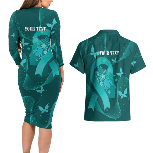 Australia Tourettes Awareness Personalised Couples Matching Long Sleeve Bodycon Dress and Hawaiian Shirt Butterfly Ribbon Art