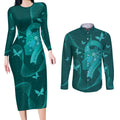 Australia Tourettes Awareness Personalised Couples Matching Long Sleeve Bodycon Dress and Long Sleeve Button Shirt Butterfly Ribbon Art
