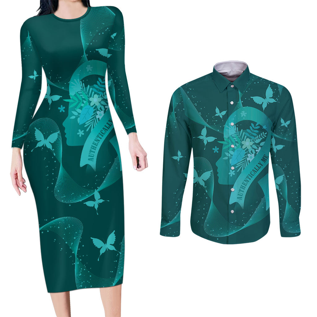 Australia Tourettes Awareness Personalised Couples Matching Long Sleeve Bodycon Dress and Long Sleeve Button Shirt Butterfly Ribbon Art