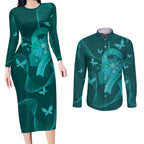 Australia Tourettes Awareness Personalised Couples Matching Long Sleeve Bodycon Dress and Long Sleeve Button Shirt Butterfly Ribbon Art