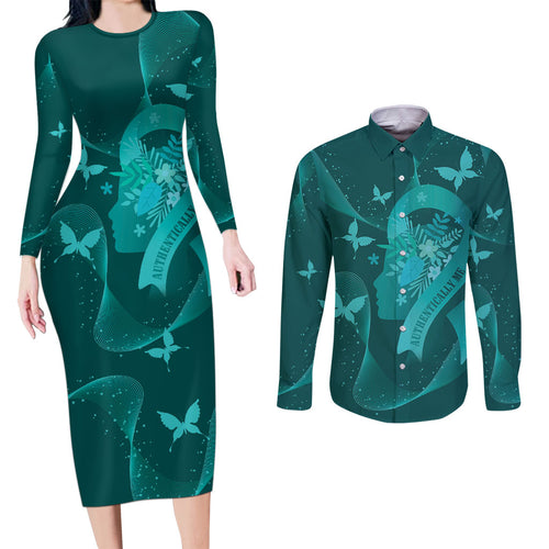Australia Tourettes Awareness Personalised Couples Matching Long Sleeve Bodycon Dress and Long Sleeve Button Shirt Butterfly Ribbon Art