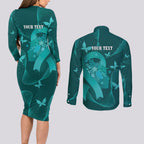 Australia Tourettes Awareness Personalised Couples Matching Long Sleeve Bodycon Dress and Long Sleeve Button Shirt Butterfly Ribbon Art