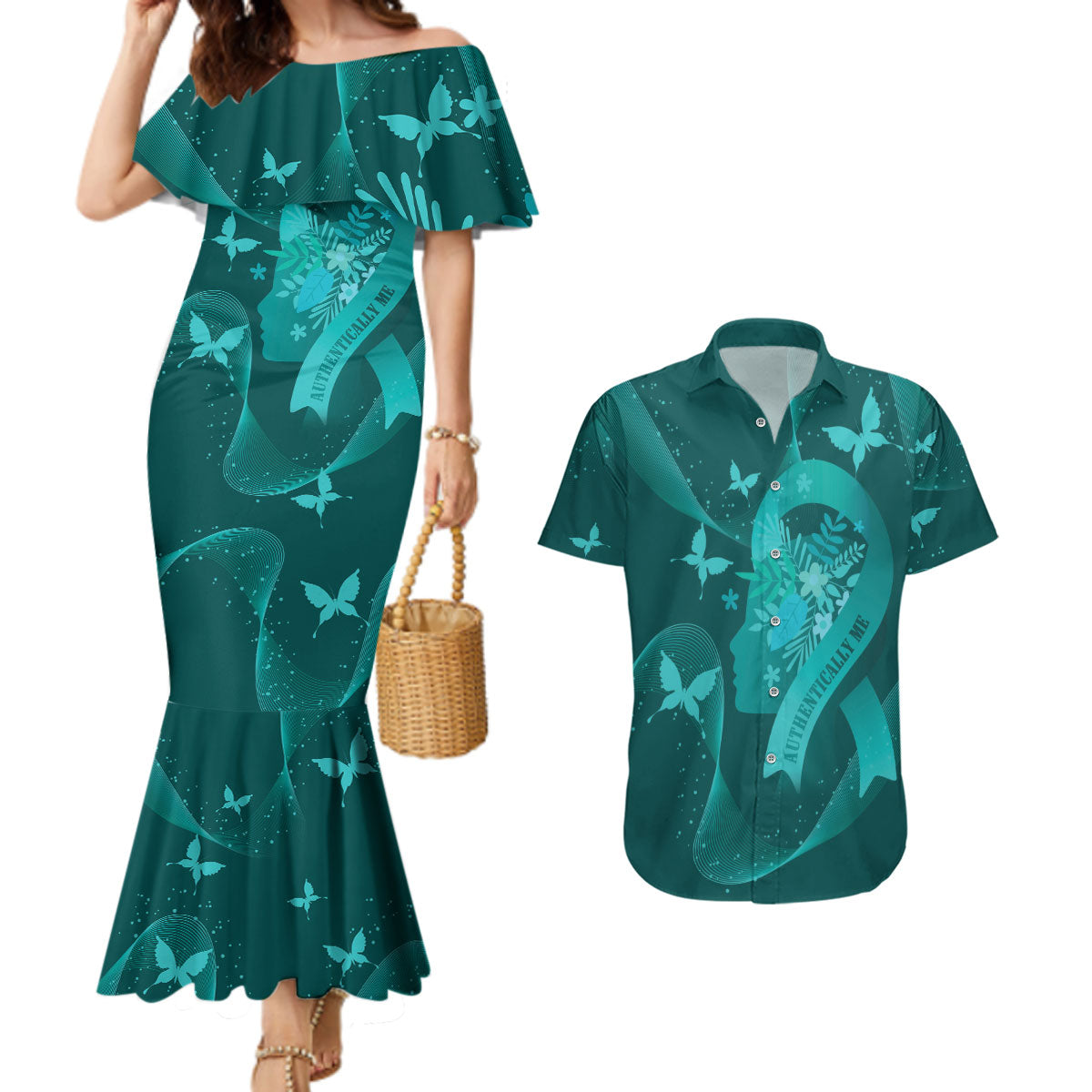 Australia Tourettes Awareness Personalised Couples Matching Mermaid Dress and Hawaiian Shirt Butterfly Ribbon Art