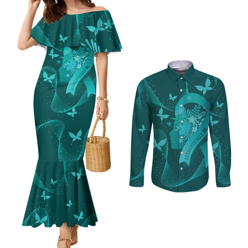 Australia Tourettes Awareness Personalised Couples Matching Mermaid Dress and Long Sleeve Button Shirt Butterfly Ribbon Art