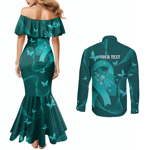 Australia Tourettes Awareness Personalised Couples Matching Mermaid Dress and Long Sleeve Button Shirt Butterfly Ribbon Art