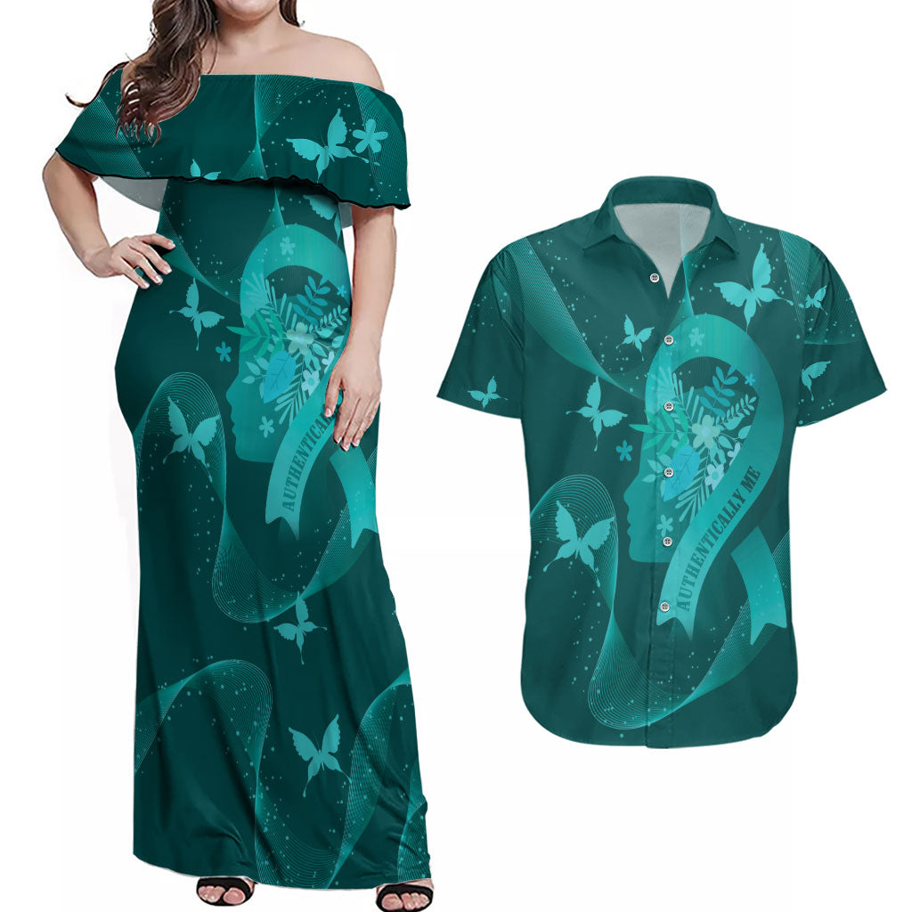 Australia Tourettes Awareness Personalised Couples Matching Off Shoulder Maxi Dress and Hawaiian Shirt Butterfly Ribbon Art