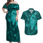 Australia Tourettes Awareness Personalised Couples Matching Off Shoulder Maxi Dress and Hawaiian Shirt Butterfly Ribbon Art