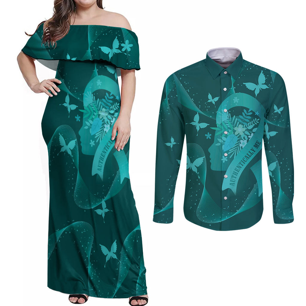 Australia Tourettes Awareness Personalised Couples Matching Off Shoulder Maxi Dress and Long Sleeve Button Shirt Butterfly Ribbon Art