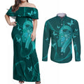 Australia Tourettes Awareness Personalised Couples Matching Off Shoulder Maxi Dress and Long Sleeve Button Shirt Butterfly Ribbon Art