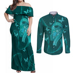 Australia Tourettes Awareness Personalised Couples Matching Off Shoulder Maxi Dress and Long Sleeve Button Shirt Butterfly Ribbon Art