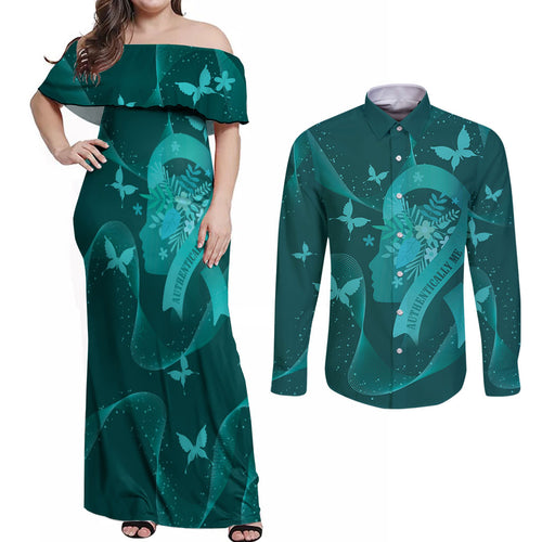 Australia Tourettes Awareness Personalised Couples Matching Off Shoulder Maxi Dress and Long Sleeve Button Shirt Butterfly Ribbon Art
