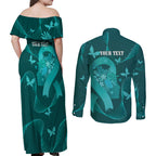 Australia Tourettes Awareness Personalised Couples Matching Off Shoulder Maxi Dress and Long Sleeve Button Shirt Butterfly Ribbon Art