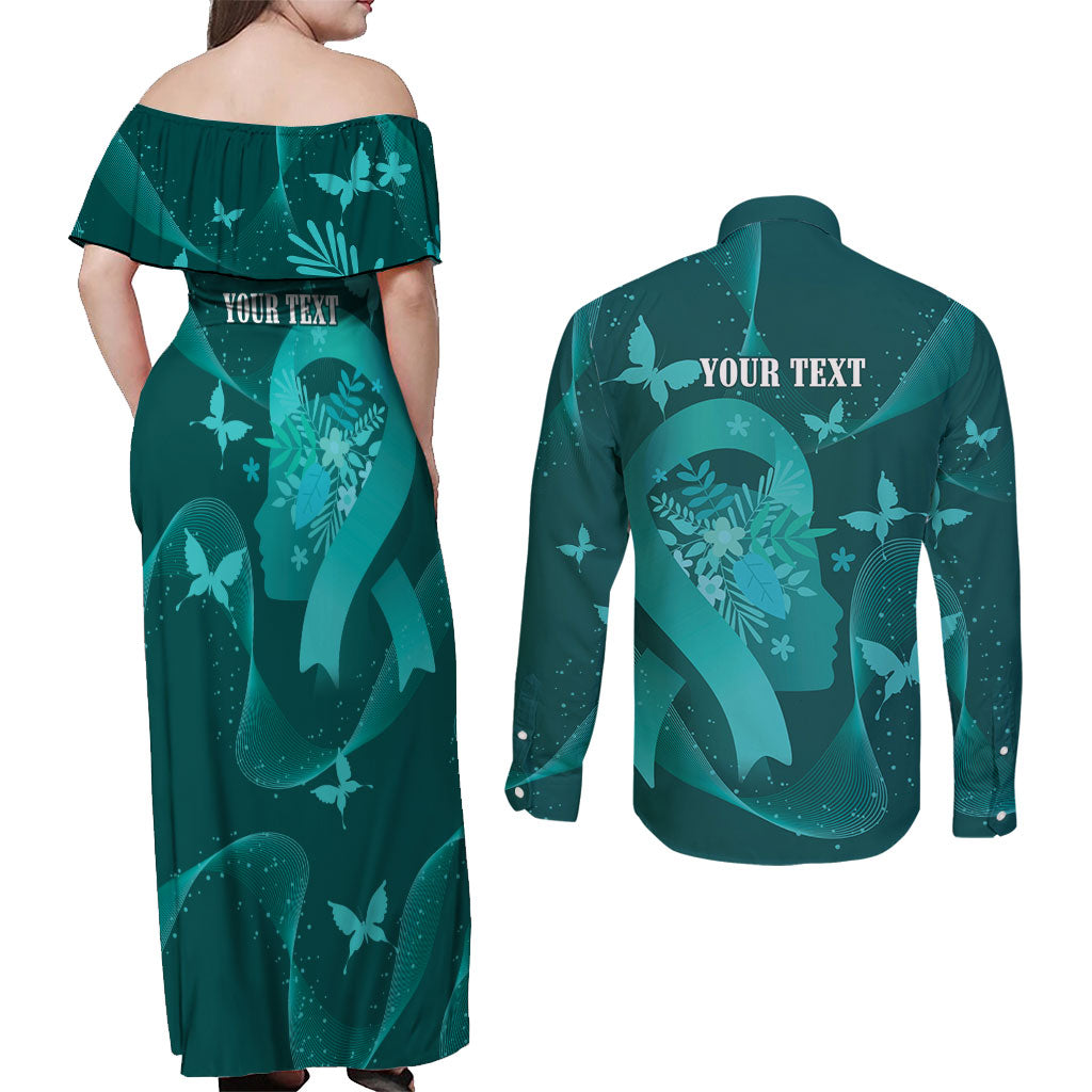 Australia Tourettes Awareness Personalised Couples Matching Off Shoulder Maxi Dress and Long Sleeve Button Shirt Butterfly Ribbon Art