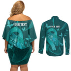 Australia Tourettes Awareness Personalised Couples Matching Off Shoulder Short Dress and Long Sleeve Button Shirt Butterfly Ribbon Art