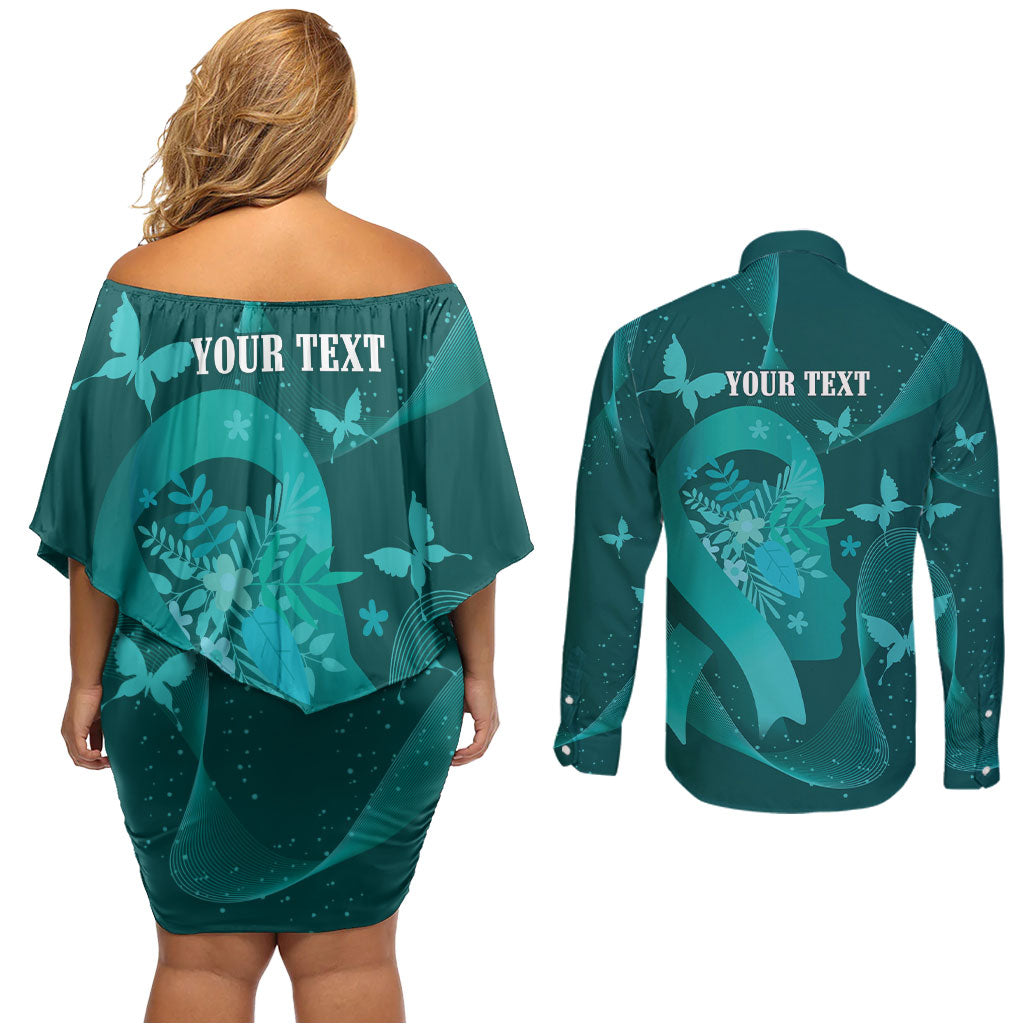 Australia Tourettes Awareness Personalised Couples Matching Off Shoulder Short Dress and Long Sleeve Button Shirt Butterfly Ribbon Art