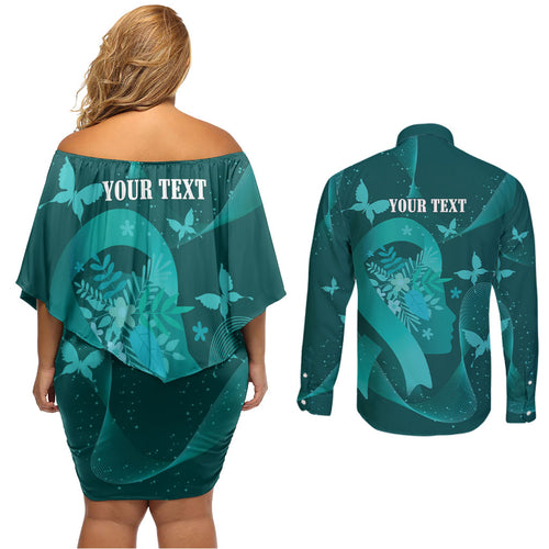Australia Tourettes Awareness Personalised Couples Matching Off Shoulder Short Dress and Long Sleeve Button Shirt Butterfly Ribbon Art