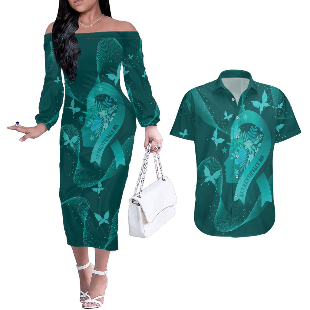 Australia Tourettes Awareness Personalised Couples Matching Off The Shoulder Long Sleeve Dress and Hawaiian Shirt Butterfly Ribbon Art