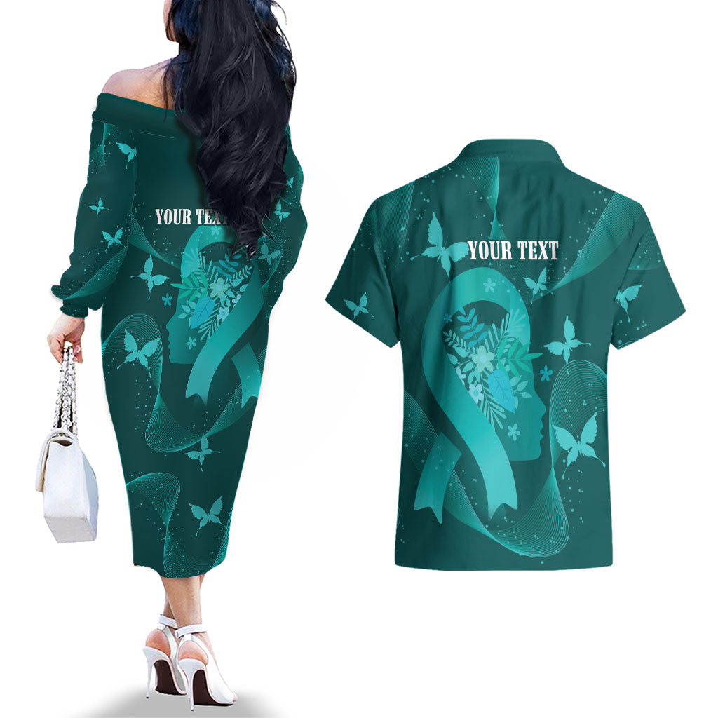 Australia Tourettes Awareness Personalised Couples Matching Off The Shoulder Long Sleeve Dress and Hawaiian Shirt Butterfly Ribbon Art