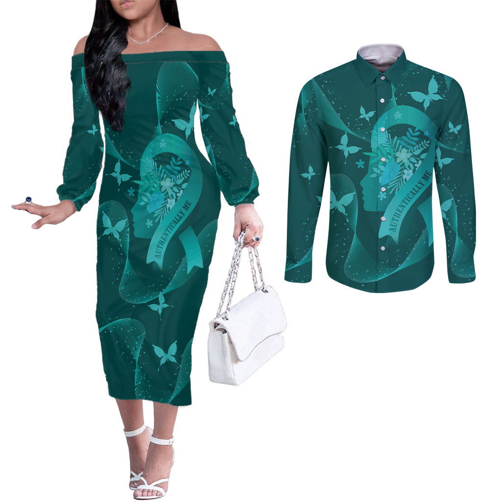 Australia Tourettes Awareness Personalised Couples Matching Off The Shoulder Long Sleeve Dress and Long Sleeve Button Shirt Butterfly Ribbon Art