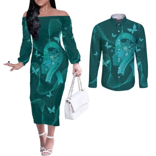 Australia Tourettes Awareness Personalised Couples Matching Off The Shoulder Long Sleeve Dress and Long Sleeve Button Shirt Butterfly Ribbon Art
