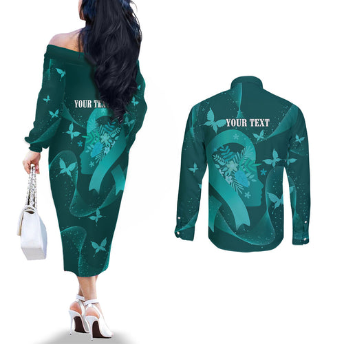 Australia Tourettes Awareness Personalised Couples Matching Off The Shoulder Long Sleeve Dress and Long Sleeve Button Shirt Butterfly Ribbon Art