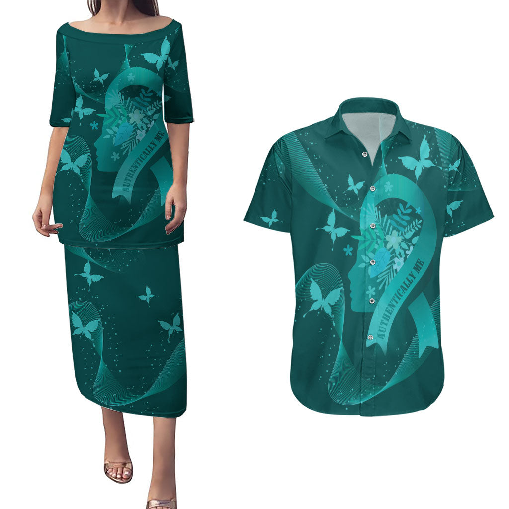 Australia Tourettes Awareness Personalised Couples Matching Puletasi and Hawaiian Shirt Butterfly Ribbon Art