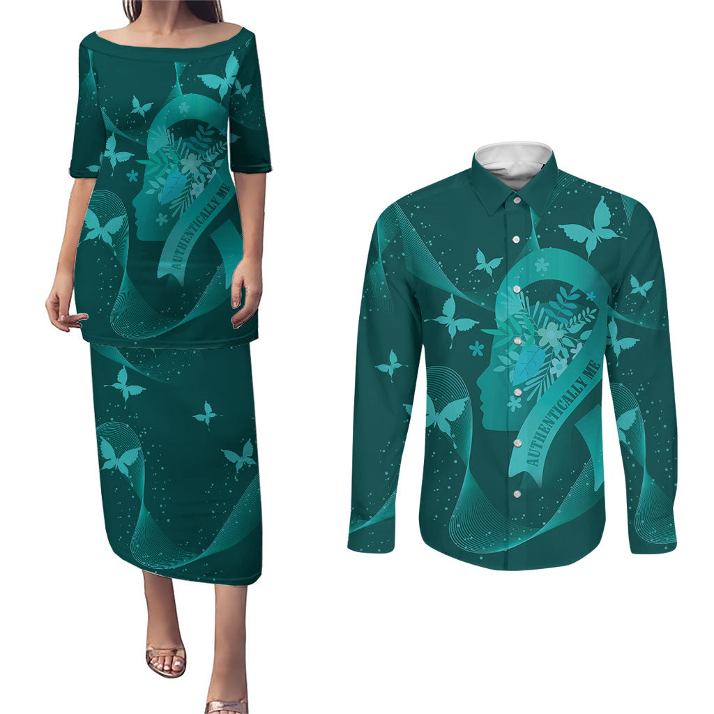 Australia Tourettes Awareness Personalised Couples Matching Puletasi and Long Sleeve Button Shirt Butterfly Ribbon Art