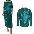 Australia Tourettes Awareness Personalised Couples Matching Puletasi and Long Sleeve Button Shirt Butterfly Ribbon Art