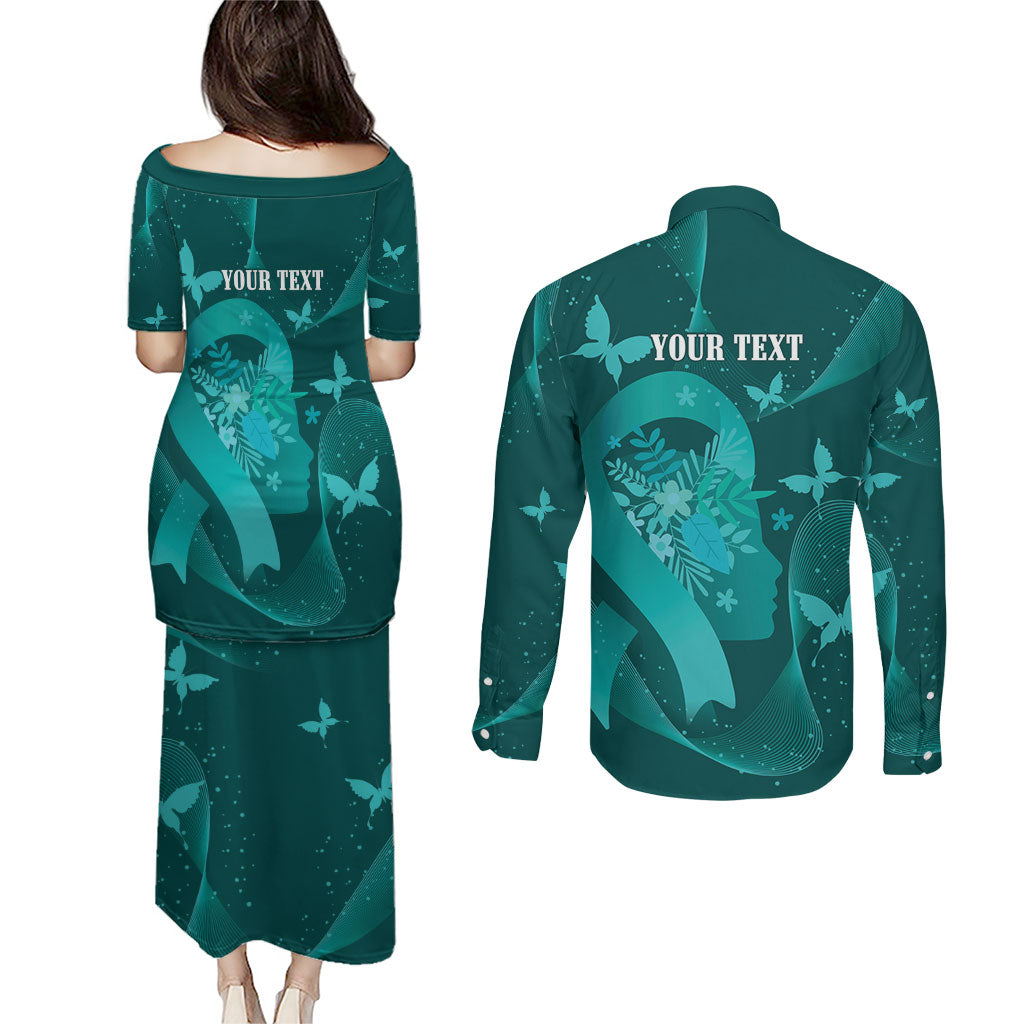 Australia Tourettes Awareness Personalised Couples Matching Puletasi and Long Sleeve Button Shirt Butterfly Ribbon Art