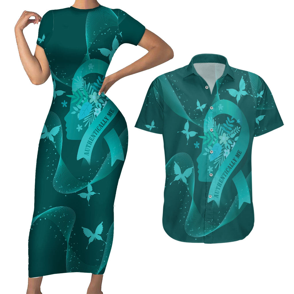 Australia Tourettes Awareness Personalised Couples Matching Short Sleeve Bodycon Dress and Hawaiian Shirt Butterfly Ribbon Art