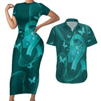 Australia Tourettes Awareness Personalised Couples Matching Short Sleeve Bodycon Dress and Hawaiian Shirt Butterfly Ribbon Art
