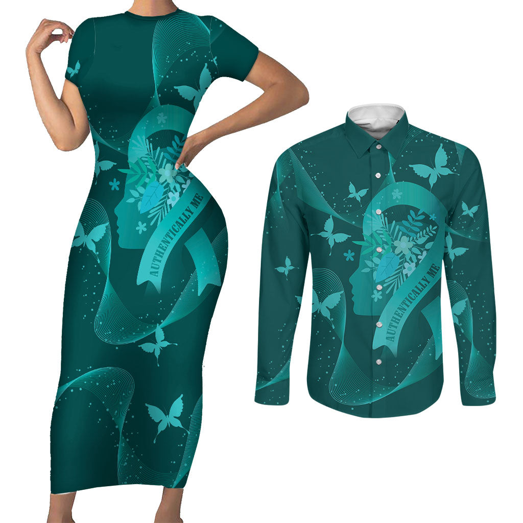 Australia Tourettes Awareness Personalised Couples Matching Short Sleeve Bodycon Dress and Long Sleeve Button Shirt Butterfly Ribbon Art