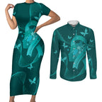 Australia Tourettes Awareness Personalised Couples Matching Short Sleeve Bodycon Dress and Long Sleeve Button Shirt Butterfly Ribbon Art