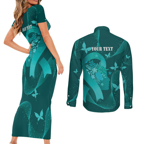 Australia Tourettes Awareness Personalised Couples Matching Short Sleeve Bodycon Dress and Long Sleeve Button Shirt Butterfly Ribbon Art