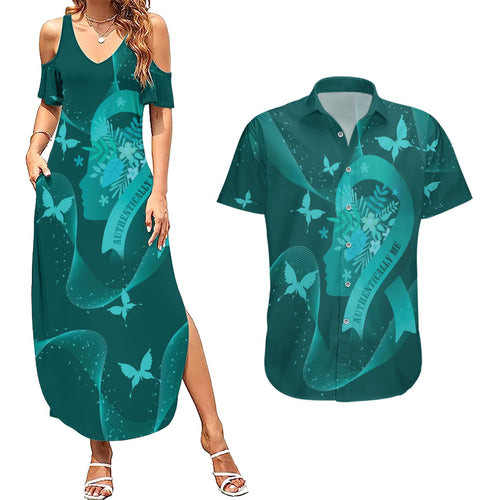 Australia Tourettes Awareness Personalised Couples Matching Summer Maxi Dress and Hawaiian Shirt Butterfly Ribbon Art